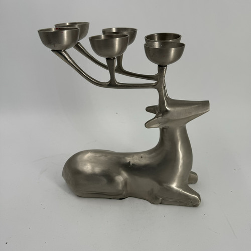 Reindeer / Deer Candelabra Candle Holder Silvertone Vintage Laying 9.5" tall - Picture 1 of 15