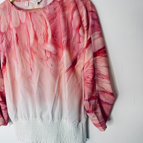 Top Ted Baker London Rosa Estampado Plumas Cintura Calada Manga Larga Talla 1 - Imagen 4 de 10