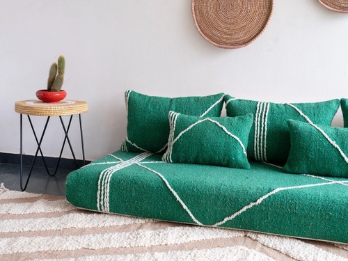 Moroccan Handmade Floor Couch - Unstuffed Cotton Green Sofa covers +Pillowcases - Picture 8 of 12