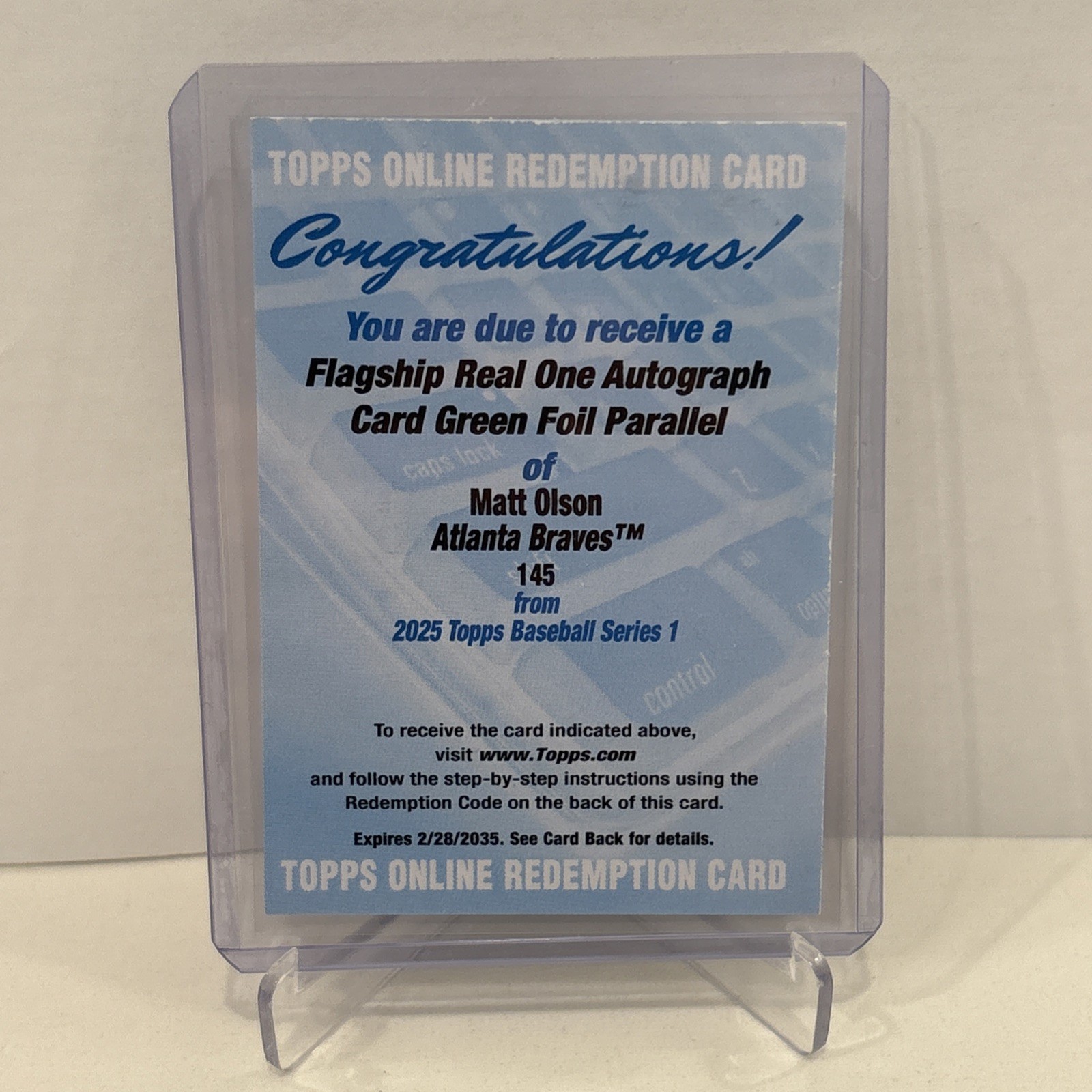 2025 Topps Series 1 Matt Olson Flagship Real One Auto Green Foil Redem/99 Braves