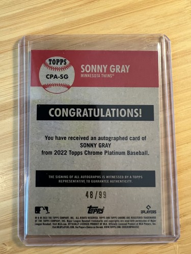 Topps 2022 cromo platino aniversario/99 Sonny Gray #CPA-SG autógrafo gemelos - Imagen 2 de 2