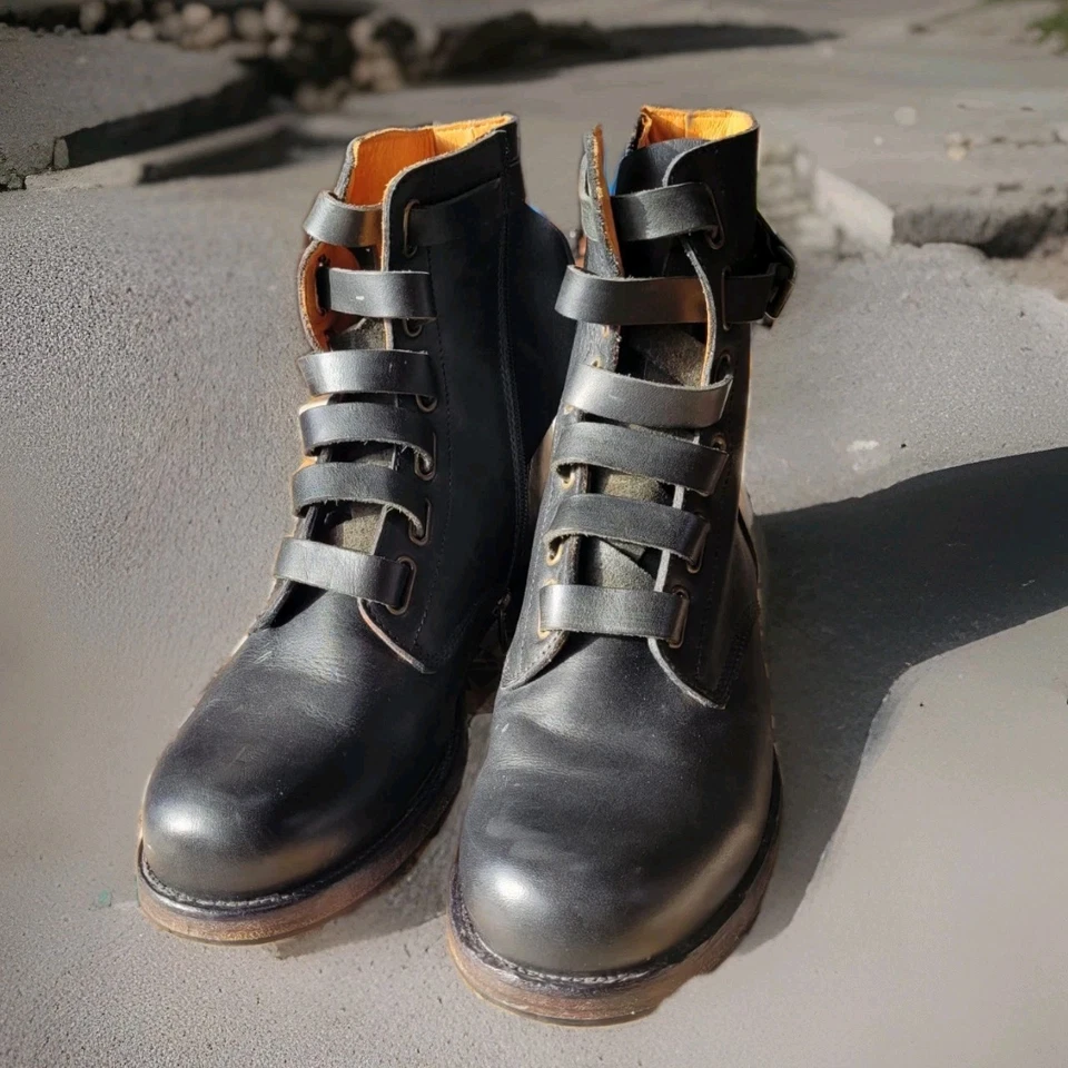 Vintage 90s TRUE RELIGION MADE IN ITALY LEATHER STRAP& ZIP COMBAT BOOTS SZ 43-9 - Bild 2 von 4