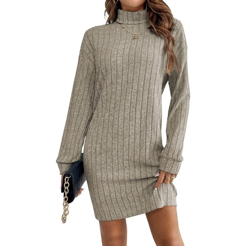 Vestido suéter tejido cuello alto para mujer acanalado ceñido al cuerpo manga larga linterna vestidos - Imagen 4 de 47