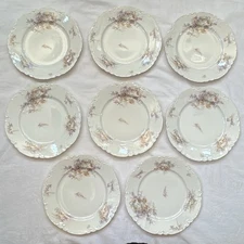 8 Antique Haviland & Co Limoges Blue Flower Porcelain Dinnerware Plates; C 1900