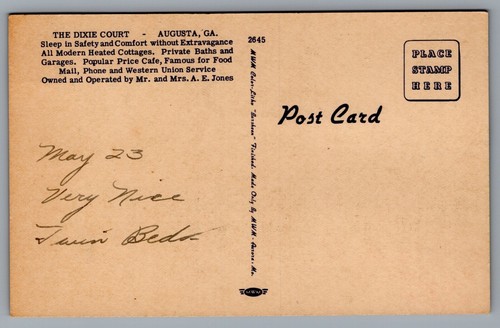 Postcard Dixie Court Cottages Augusta Ga. - Picture 2 of 2