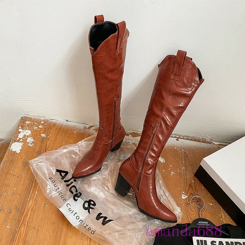 Hot Womens Chain Cowboy Boots Winter Pointed Toe Knee High Riding Boots Shoes Sz - Picture 15 of 15