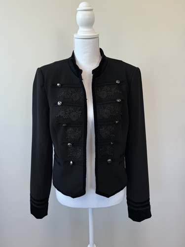 White House Black Market Damen US Größe 8 schwarz Samt Borte Langarmjacke