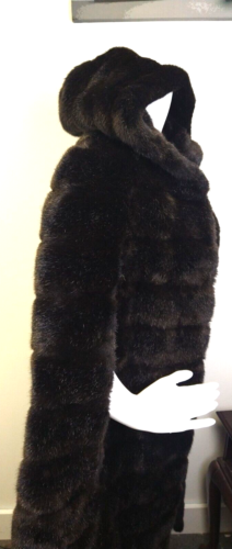 Vintage Long Faux Mink Fur French Womens Mob Wife Brown Cape size XL/XXL W/Hood - Picture 18 of 21