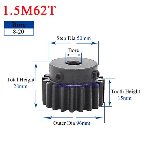 1.5Mod 20T-100T Spur Gear With Step 45#Steel Motor Pinion Gear Tooth Height 15mm - Picture 41 of 49