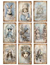 Set of 9 Shabby Chic Blue Winter Christmas Crafting STICKERS - Just Cut & Use!