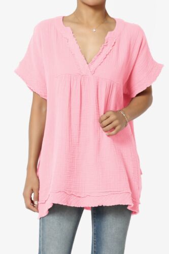 Camicia blusa babydoll TheMogan casual manica corta scollo a V cotone garza - Foto 57 di 140