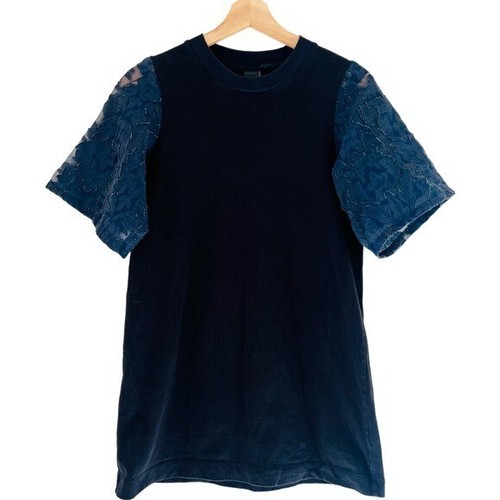 MOTHER OF PEARL Crew Neck Lace Sleeve Long Tee Shirt in Black/Navy Blue Size M - Picture 6 of 13