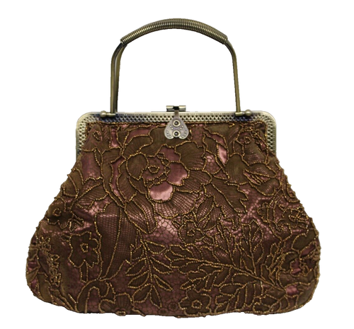 Vtg Bag Beautiful Bronze Beaded Design on Dk Brn Satin, Antiqued Gold Tone Metal
