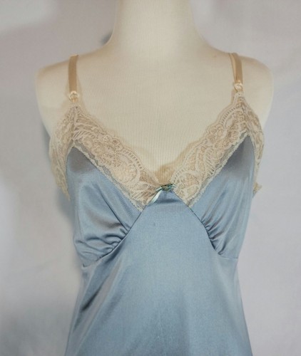 Abito Slip Vintage Adonna Blu Chiaro Bordo Pizzo Chemise Tg 34 Nylon Donna LEGGI - Foto 7 di 19