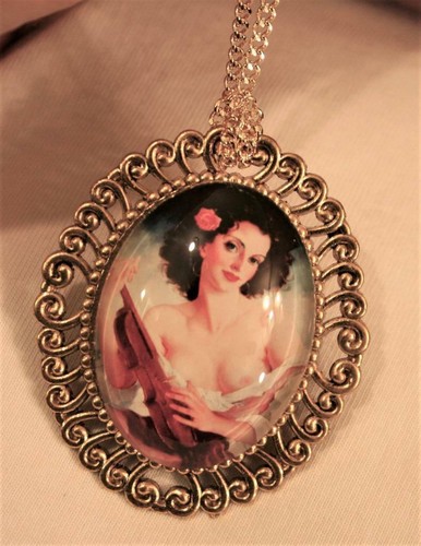 Swirl Rim Goldtone Bohemian Lady Boho with Fiddle Violin Necklace Brooch Pin