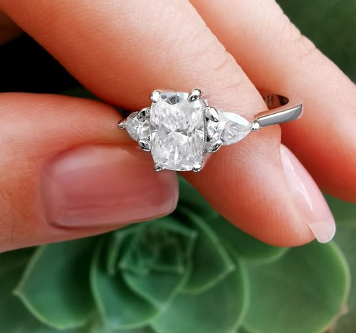 1.50Ct Cushion Cut Simulated Diamond Three Stone Ring In 14K White Gold Plated - Picture 2 of 7