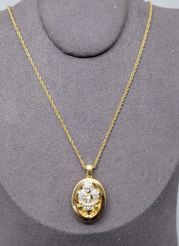 14kgp Crystal Double Locket Pendant Necklace Floral Vase Design Gold Plated 18"