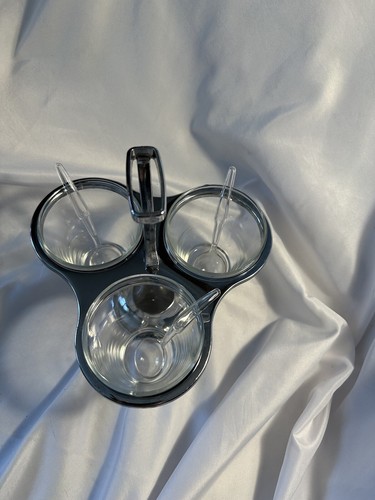 SPINNING CONDIMENT CADDY Chrome Glass Bowls Party Guac Salsa VTG MCM - Picture 4 of 8