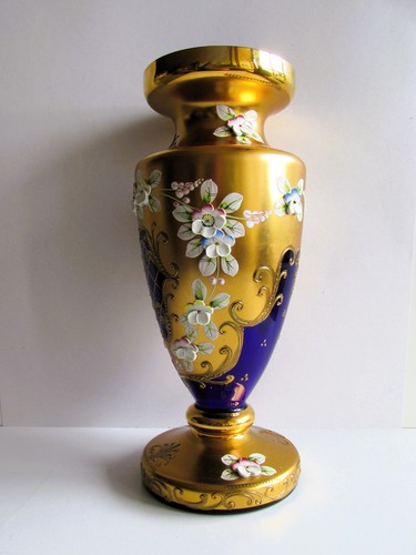 Bohemian Vintage Blue Glass VASE Gilt Hand-Painted with Enamel Flower Retro 11" - Picture 3 of 12