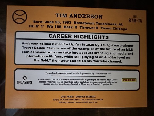 TIM ANDERSON 2021 DONRUSS PATCH (GRAU) MEMORABILIA CARD #87M-TA CHICAGO SOX - Bild 6 von 8