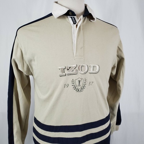 Izod Polo Rugby Shirt Youth Large 14/16 Long Sleeve Tan Blue, Embroidered Logo - Picture 1 of 11