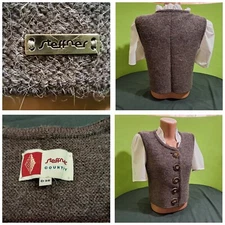 STEFFNER Country Women's Grey Brown Warm Pure Wool Folk Vestcoat  NEW Sz S/D38