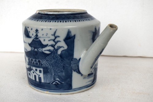 Antique Blue And White Chinese Teapot Long Spout With Hand Painted Scenic Design - Picture 9 of 16
