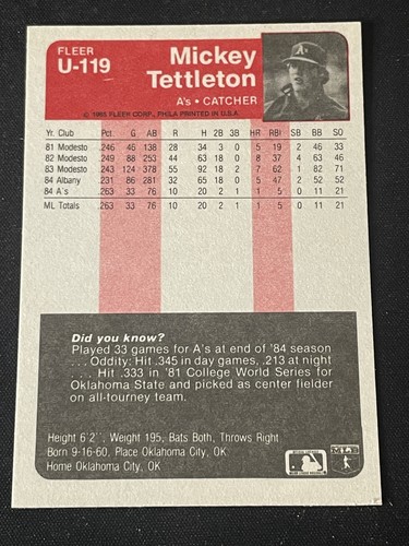 Actualización Fleer 1985 #U-119 Mickey Tettleton - Imagen 2 de 2
