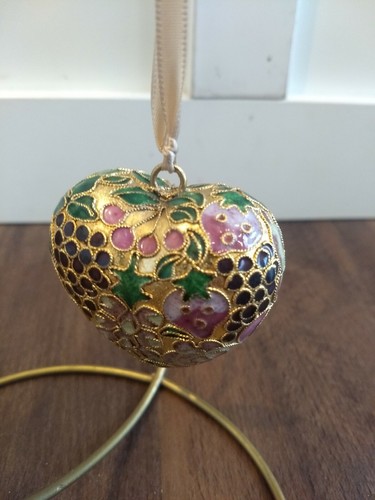 Cloisonne Heart Gold Floral Fruit Enameled Christmas Ornament - Picture 7 of 12