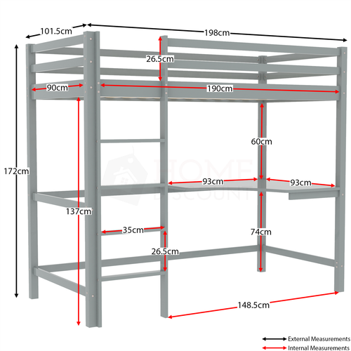 High Sleeper Bunk Bed Cabin Loft Bed Frame Desk Pine Wood Kids Single 3FT Grey - Picture 2 of 8