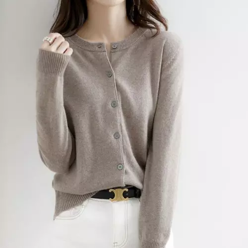 Cárdigan suéter simple de mezcla de cachemir para mujer color liso cuello redondo chaqueta abrigo - Imagen 35 de 37