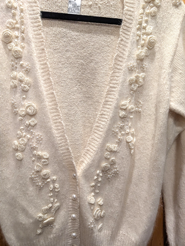 Vtg De Rotchild Silk Hand-Beaded Cardigan 1960s Faux Pearl Buttons  Angora Med. - Picture 5 of 12
