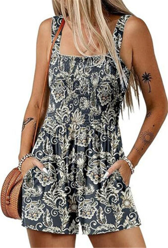 Holiday Ladies Beach Jumpsuit Strappy Overalls Casual Floral Playsuit - Picture 9 of 22