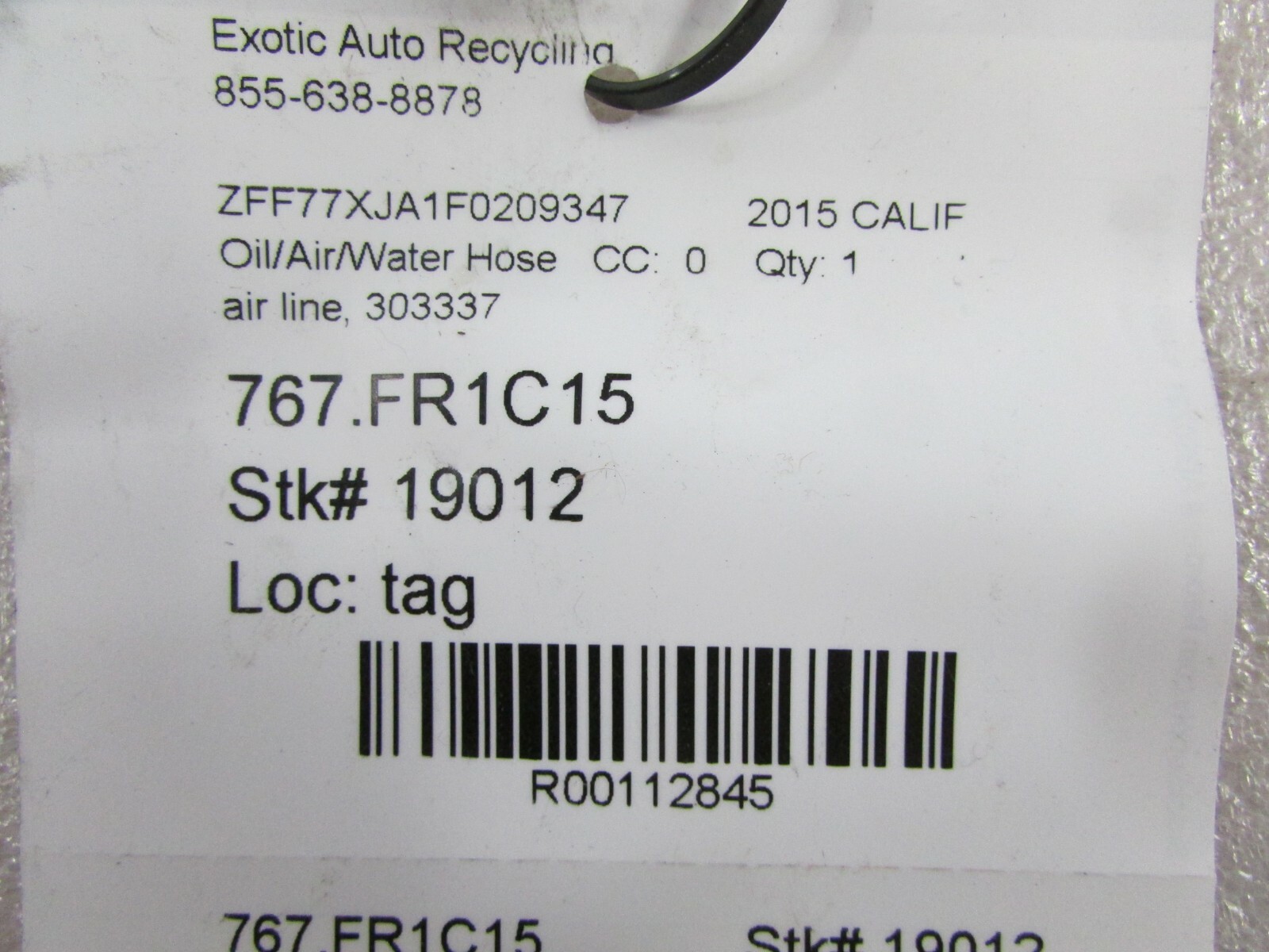 Ferrari California T, Air Line, Hose, Used, P/N 303337