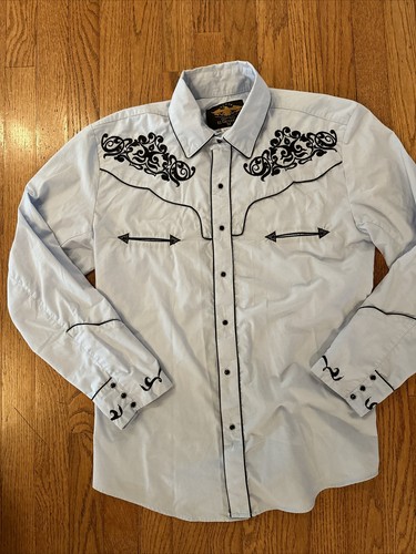 Men's El General Cotton Blend Retro Leaf Embroidery Western Shirt Blue - Medium - Picture 5 of 9