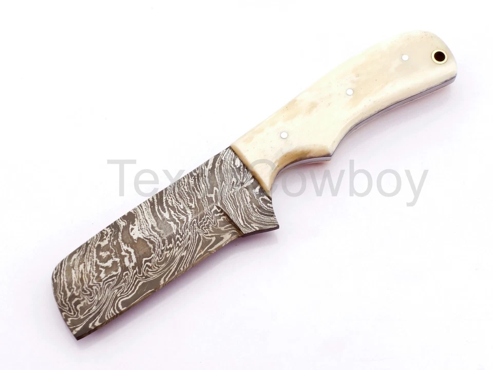 Дамасский ковбойский бычий нож ручной работы с костяной ручкой и блинными ножнами - Изображение 3 из 4