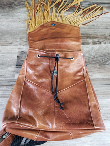 Genuine Leather Fringe Backpack Sling Bag Cognac Distressed Boho Western Mexico - Picture 9 of 13