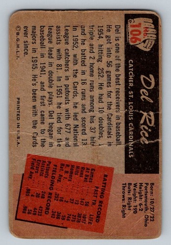 1955 Bowman - #106 Del Rice - Picture 2 of 2