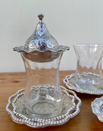 Luxus Türkische Teegläser Set - Silber Design, Tassen mit Untertassen und Mini Schüsseln - Bild 4 von 9