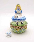 New Hand Painted French Limoges Trinket Box Alice in Wonderland w Remov. Tea Cup