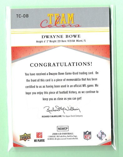 DWAYNE BOWE 2008 UPPER DECK TEAM COLORS JERSEY #TC-DB - - - MINT - - - - Imagen 2 de 2