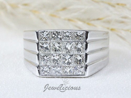 18K White Gold 1.75 CT Natural Princess Diamonds Invisible Set Large Mens Ring - Picture 1 of 6