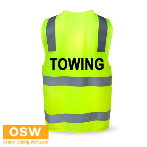 Hi Vis Yellow TOWING Day/Night Side Panel Safety Work Zipper Pocket NSW Vest - Picture 4 of 7