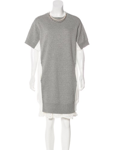 Auth SACAI Grey and White MINI Sweatshirt DRESS with DETACHABLE Embellishment - Picture 2 of 4