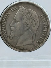 1870A FRANCE Emperor NAPOLEON III Antique Arms Silver 5 Franc French Coin 