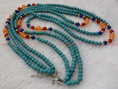 3 Rows Genuine 4mm Blue Turquoise Round Gemstone Beads Necklace Jewelry 18-20" - Picture 2 of 6