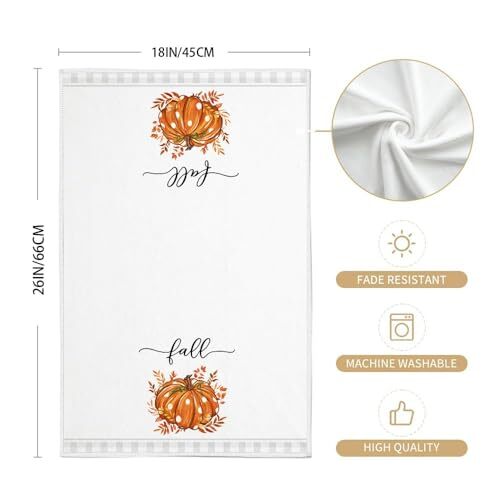 Fall Kitchen Dish Towels Set of 2,Orange Pumpkin Grey Buffalo Check 18x26 Inch - Picture 6 of 7