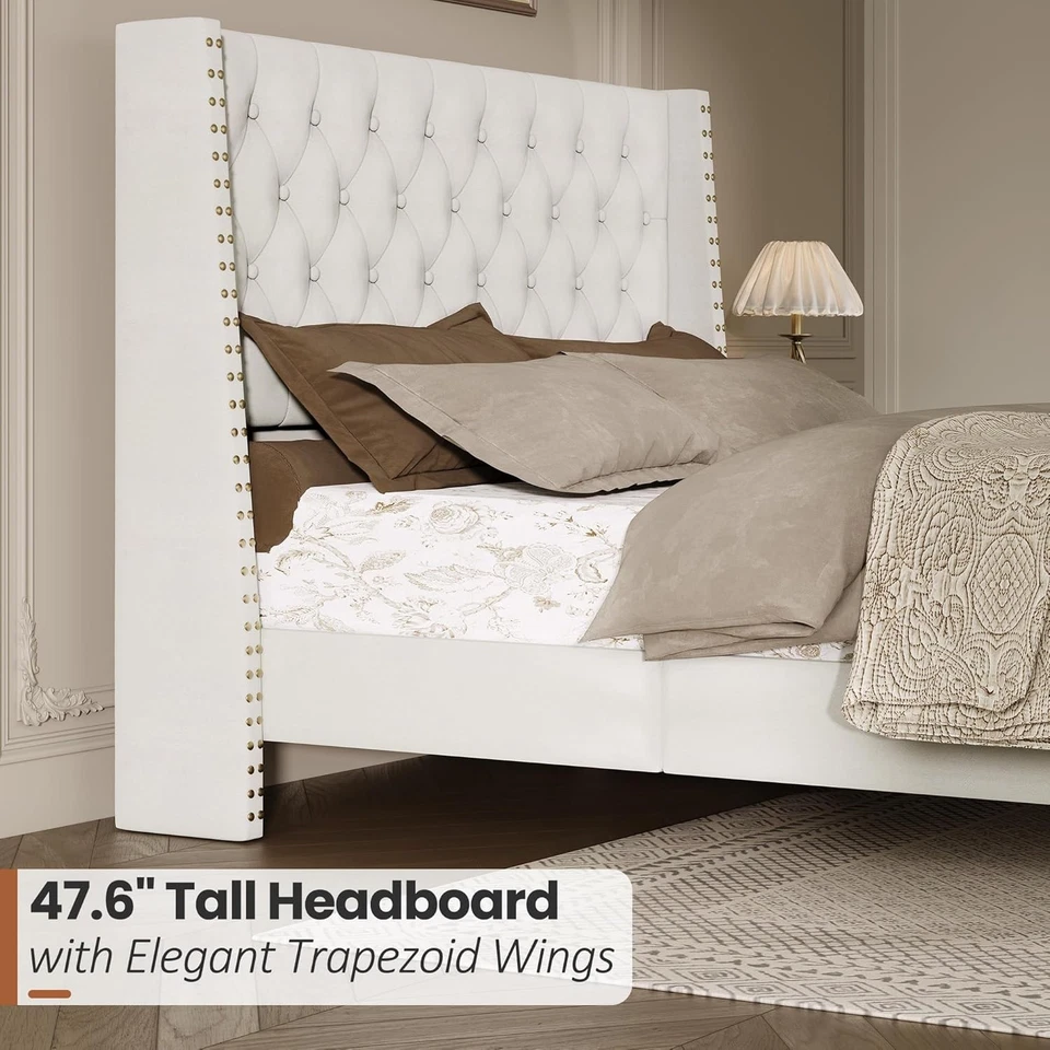 Marco de cama de plataforma tapizado con cabecero acolchado de terciopelo de 47,2" de alto con respaldo de ala Foto 3 de 4