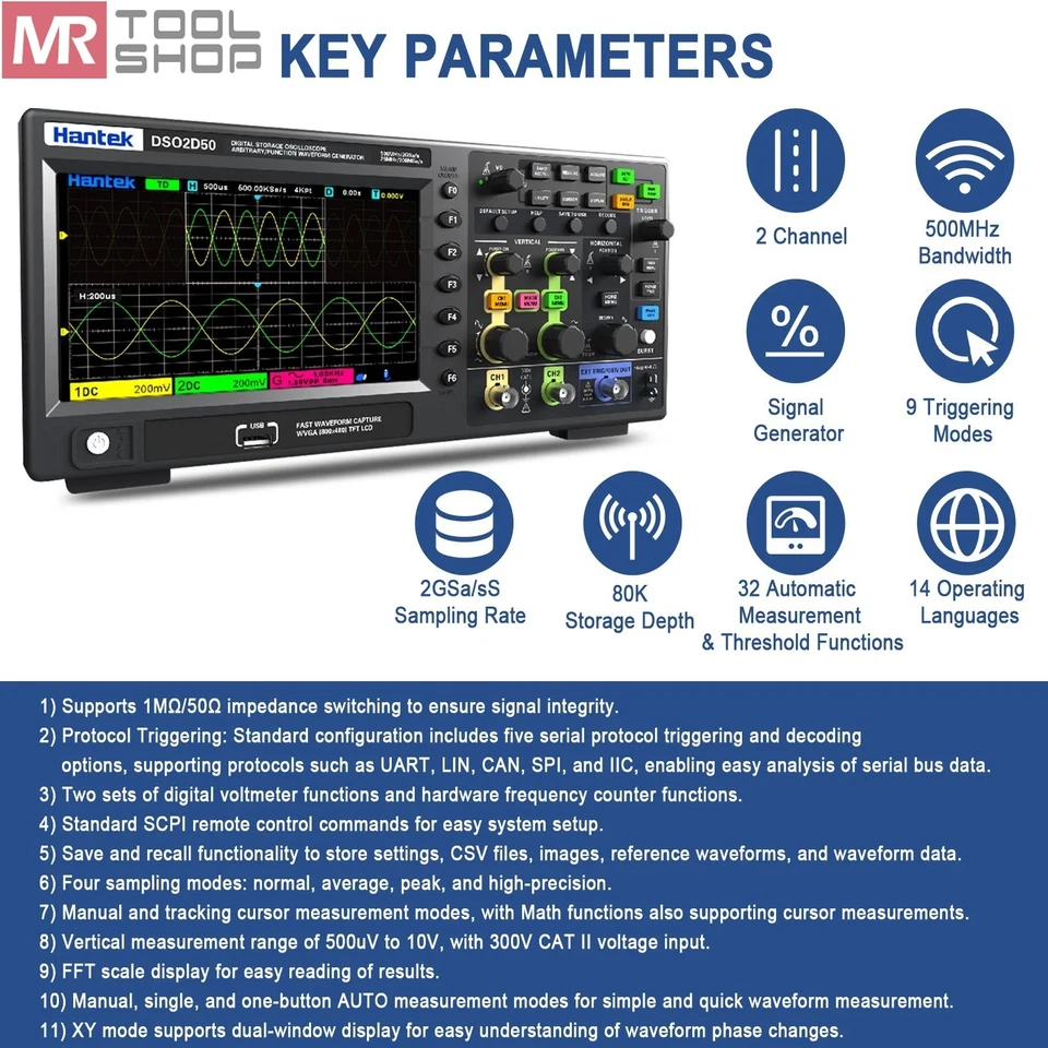Hantek DSO2D50 2CH Digital Storage Oscilloscope Signal Generator 500Mhz 2GS/s Sa - Image 2 of 4