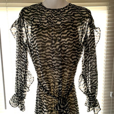 XS Who What Where Dress Womens Ikat Animal Sheer Ruffle Long Sleeve Slip Belted